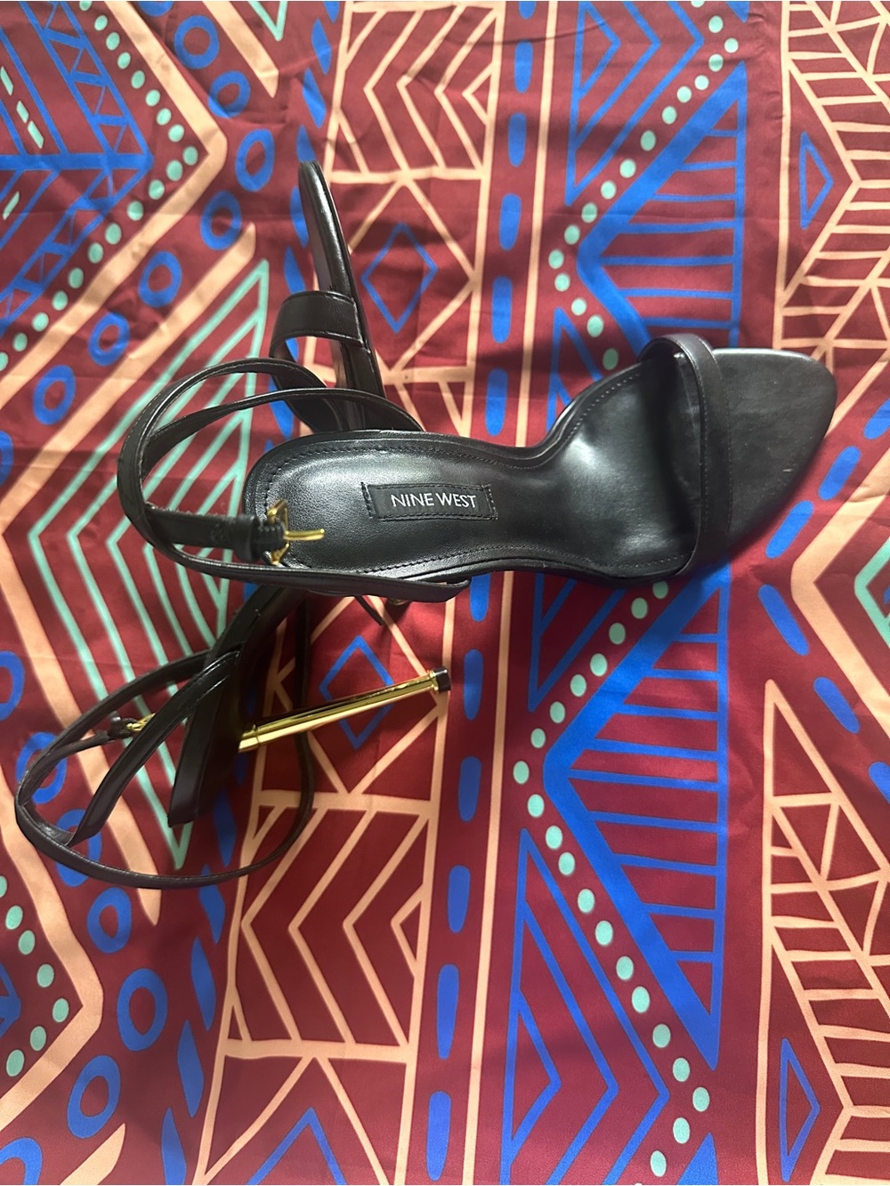 Nine West Black Leather Ankle-Strap Stiletto Sandals with Gold Heel